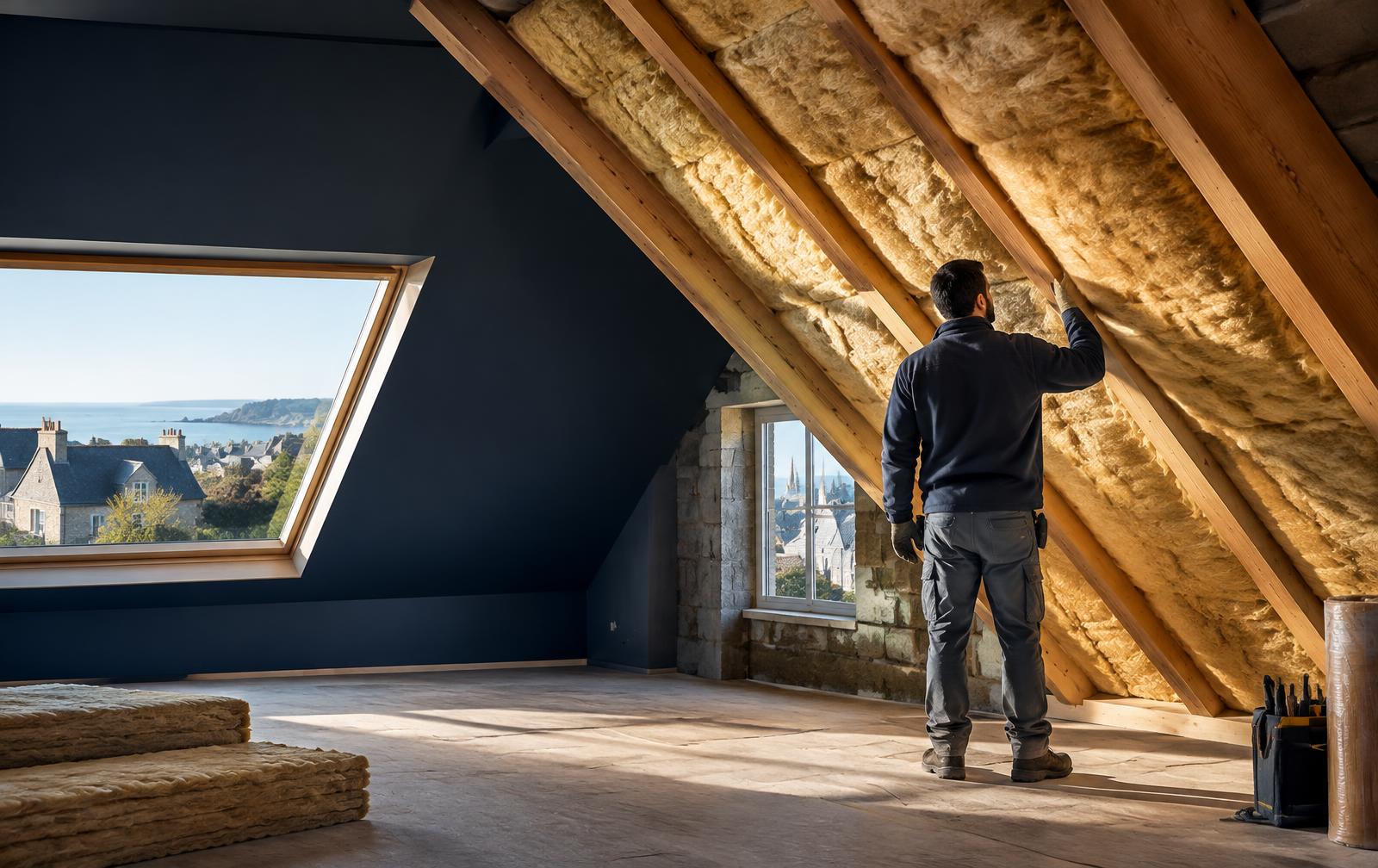 Combles d’une maison atlantique en cours d’isolation thermique
