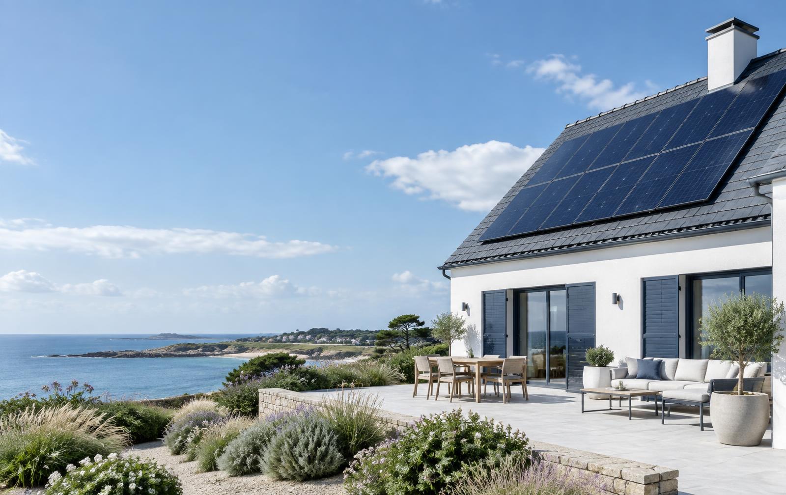 Maison de la façade Atlantique équipée de panneaux photovoltaïques
