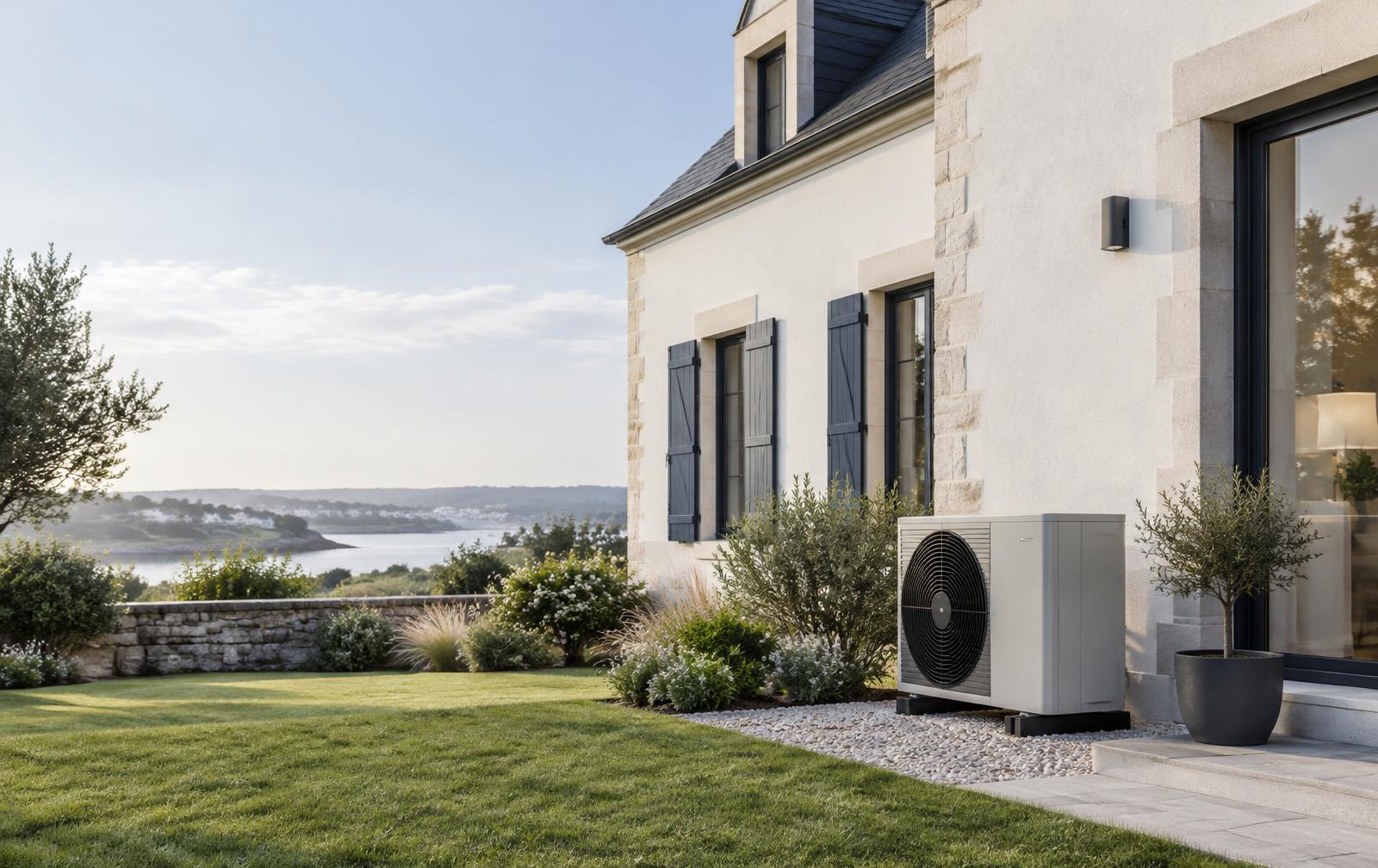 Pompe à chaleur air eau installée discrètement auprès d’une maison